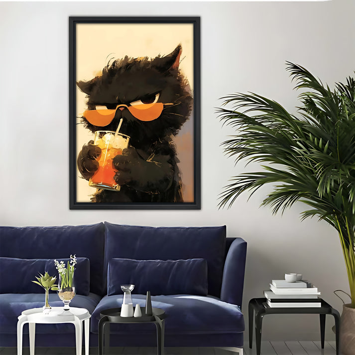 Black Cat with Orange Glasses Canvas Funny Wall Art