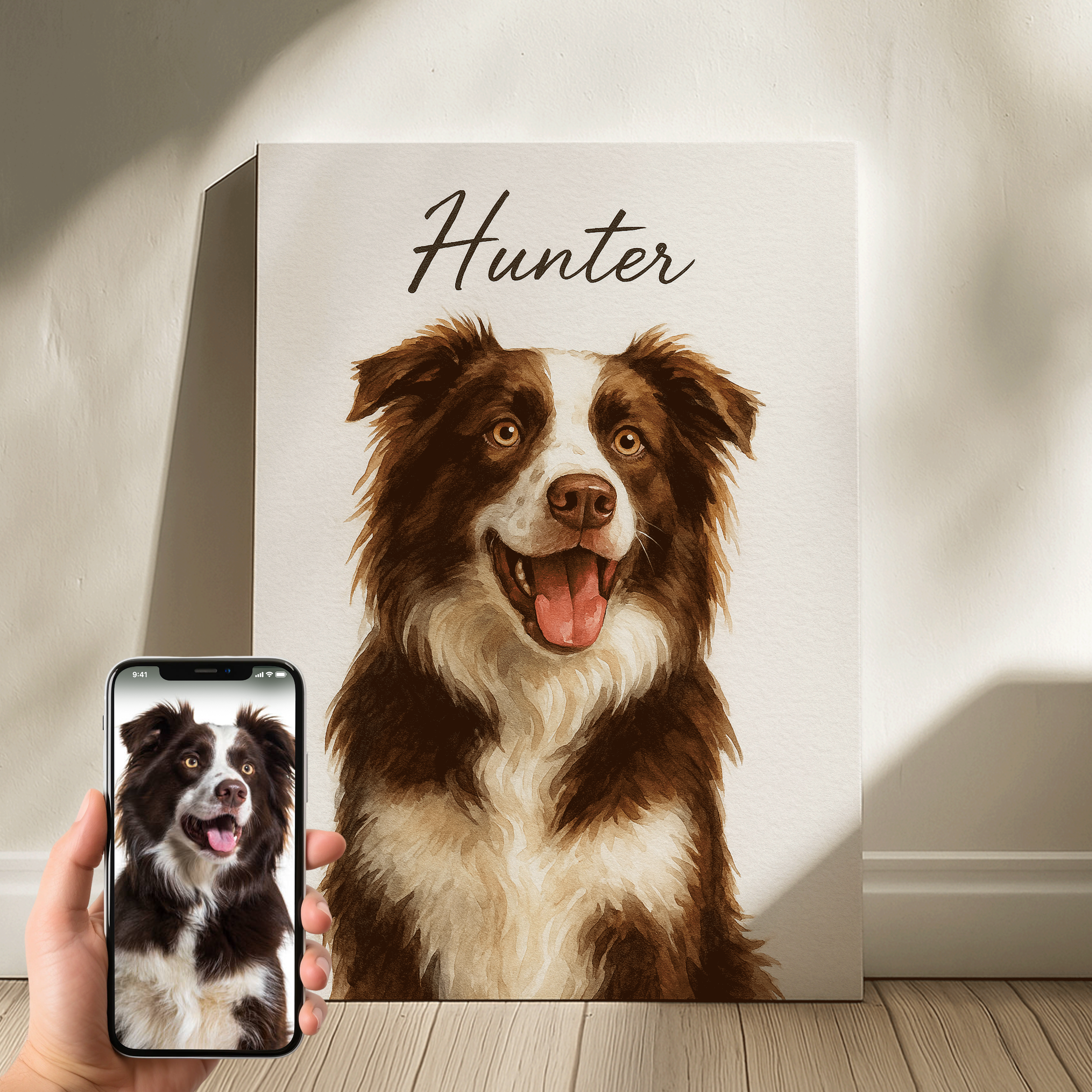 Personalized Watercolor Dog Portrait – Custom Pet Canvas Artwork with Name